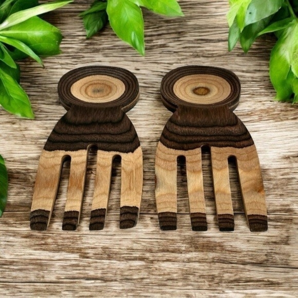 Set 2 Bamboo Wood Salad Serving Hands Natural Grabbers Forks Handcrafted NWOT